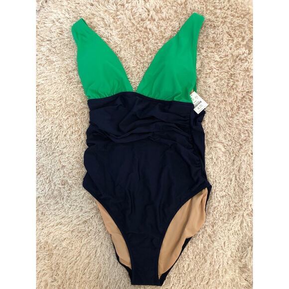 J. Crew Swimsuit V Neck Ruched One Piece Green and Navy Color Block NWT Large - Picture 5 of 11